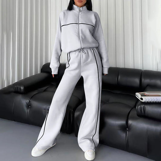 Cotton Tracksuits Womens 2 Piece Fall Winter Sports Outfits Full Zip Sweatshirt Wide Leg Sweatpant Set Retro Sweatsuit (S, Gray)
