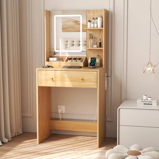 Vanity Desk with Mirror & Lights, GRWM Vanity with Drawers & Storage Shelves, Makeup Dressing Table with Charging, Nature