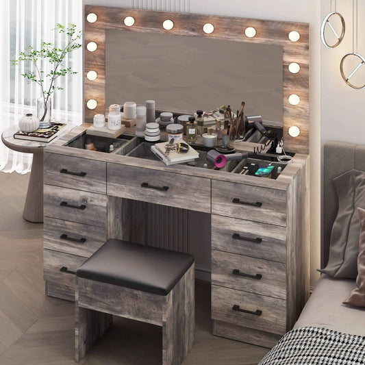 Large Makeup Vanity, Get Ready with Me GRWM Vanity Table Set W/ Visible Glass Top W/ Charging Station, Gray