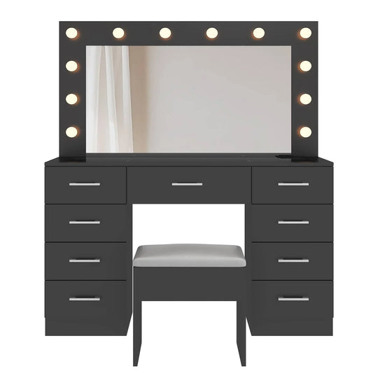 Large Makeup Vanity, Get Ready with Me GRWM Vanity Table Set W/ Visible Glass Top W/ Charging Station, Black